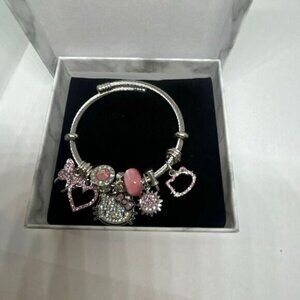Hello Kitty Pink Charm Bracelet Silver Tone Rhinestone Bangle NEW